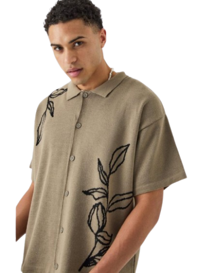 Picture of Boxy Jacquard Knit Floral Detail Shirt In Taupe