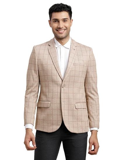 Picture of Turtle Men Cotton Linen Checkered Beige Blazer