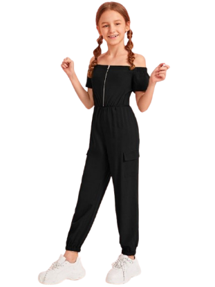 Picture of Girls' Off-Shoulder Half-Zip Utility Jumpsuit with Flap Pockets