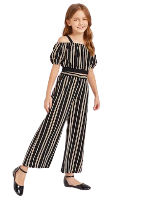 Picture of Girls' Striped Flounce Sleeve Cropped Jumpsuit with Belt