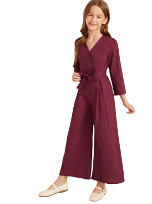 Picture of Girls' Maroon Wrap-Style Wide-Leg Jumpsuit with Belt